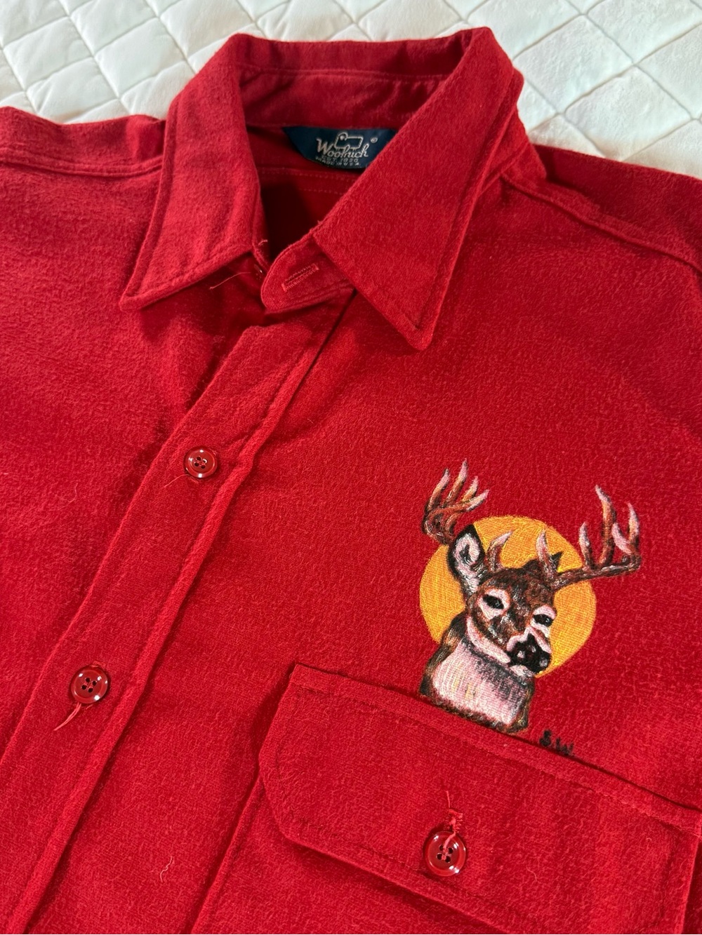 Vintage Woolrich Red Cotton Chamois Shirt XL Long Made in USA Embroidered Deer